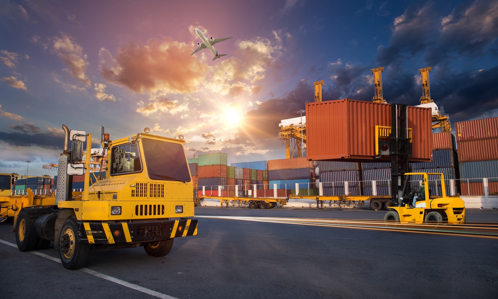 Autonomous seaport: Industrial Container Cargo freight ship, forklift handling container box loading for logistic import export and transport industry concept